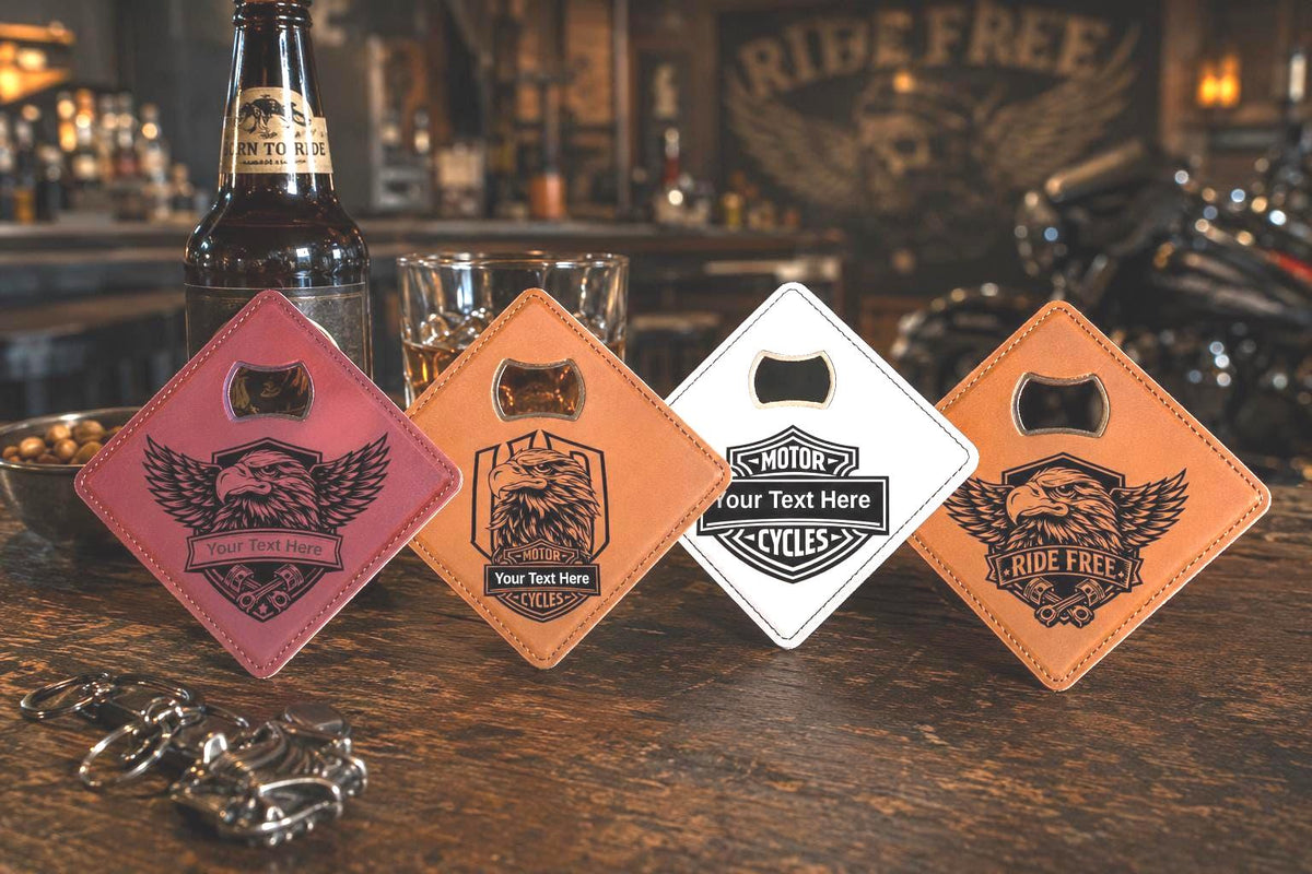 American Biker Magnetic Bottle Opener Coaster | Laser Engraved Faux Leather, Slate Square/Round | Create Your Own