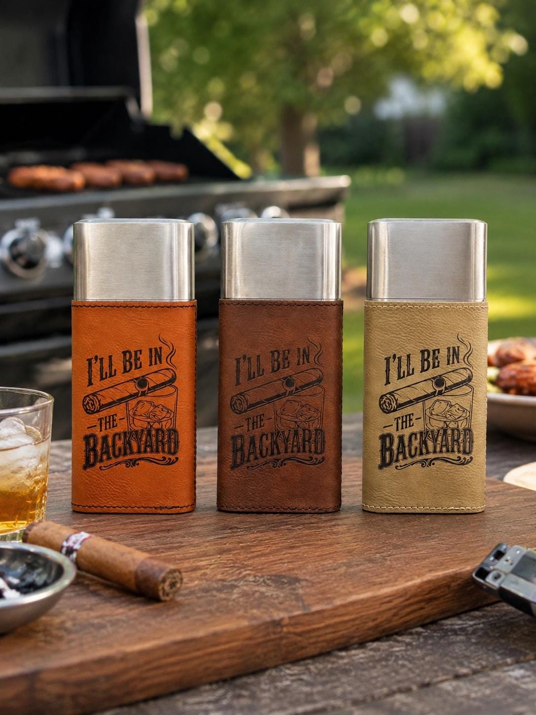 May include: Three rectangular metal cigar cases with leather-like sleeves in orange, brown, and tan. Each sleeve features a laser-engraved graphic of a cigar and a glass of whiskey with the text I'LL BE IN THE BACKYARD.
