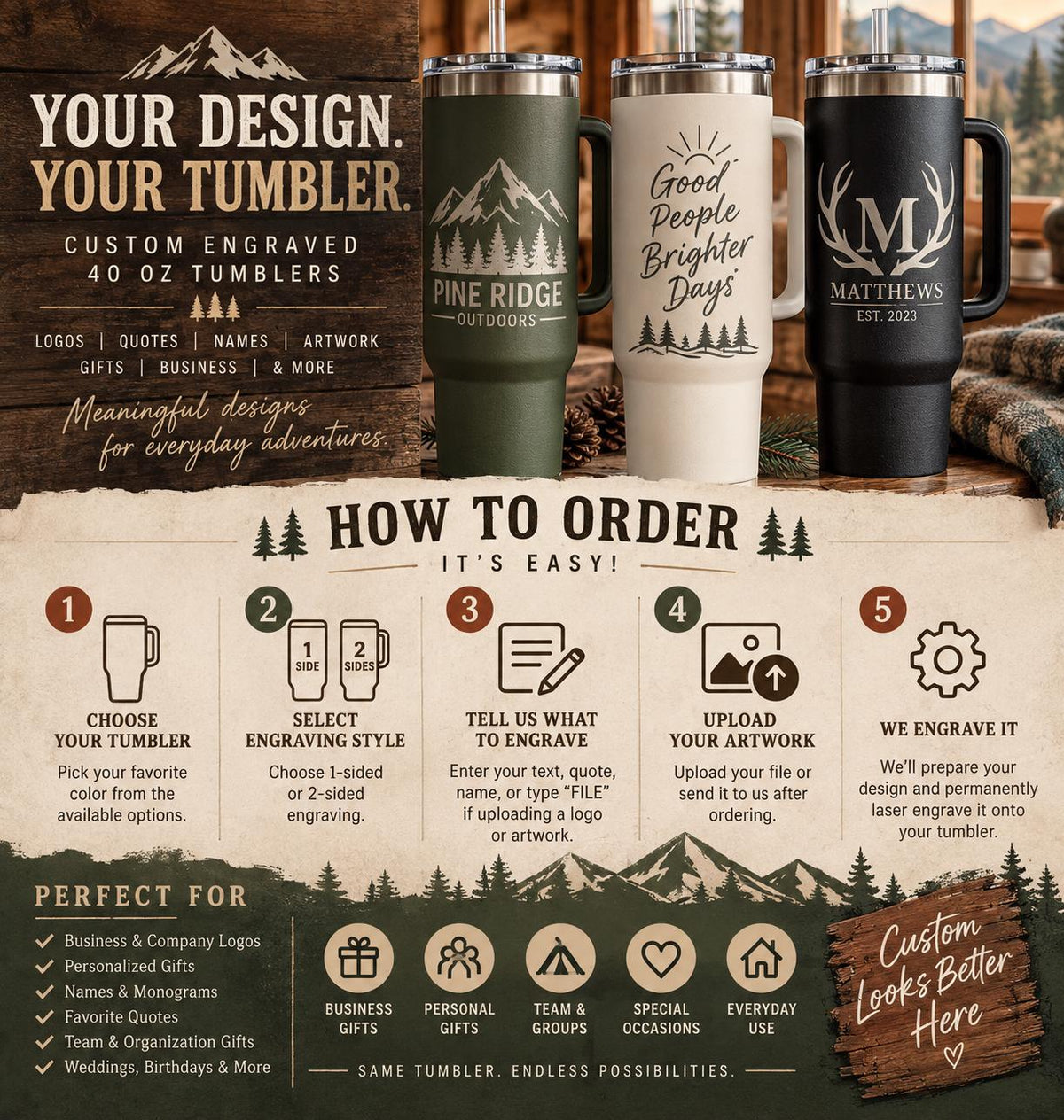 Custom Engraved Tumbler 40oz | Personalized Tumbler with Logo or Text | Custom Logo Tumbler | Engraved Business Cup | Personalized Gift