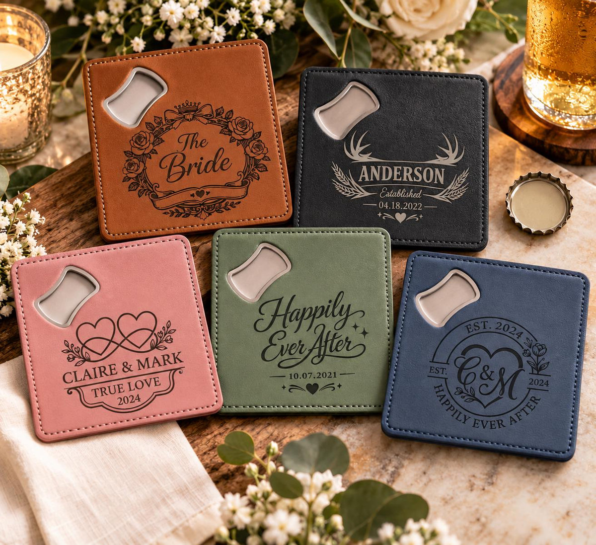 Personalized Faux Leather Wedding Bottle Opener Coasters | Custom Monogram Wedding Favor | Engraved Leatherette Coaster | Wedding Gift