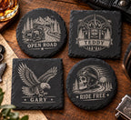 Motorcycle Rider Round or Square Slate Coaster Sets | Laser Engraved Biker | Open Road Bar Decor | Housewarming Gift | Biker Wedding Gift