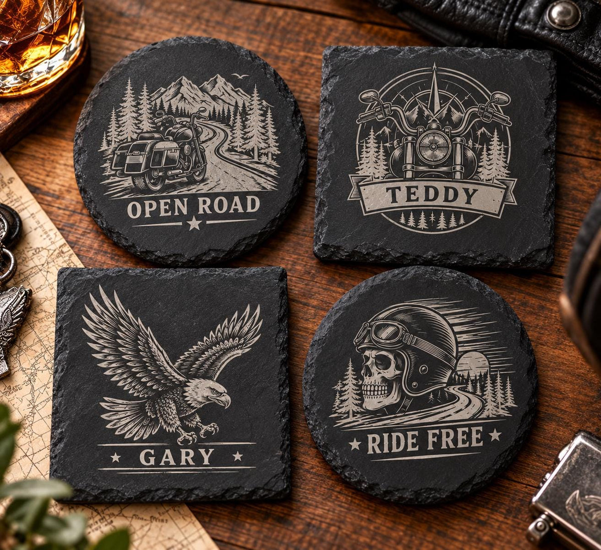 Motorcycle Rider Round or Square Slate Coaster Sets | Laser Engraved Biker | Open Road Bar Decor | Housewarming Gift | Biker Wedding Gift