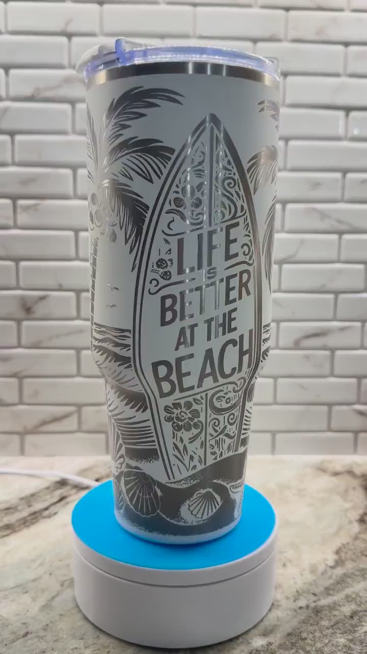 Surfboard Engraved Tumbler | Life is Better at the Beach | Full Wrap 40 oz Insulated Laser Engraved Tumbler | Coastal Cup | Beach Lover Gift